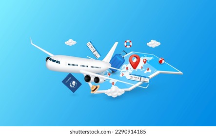 Airplane is taking off with passport, luggage, air ticket and positioning pins red on world map paper blue. Travel transport concept. 3D Vector EPS10. For advertising media about tourism.