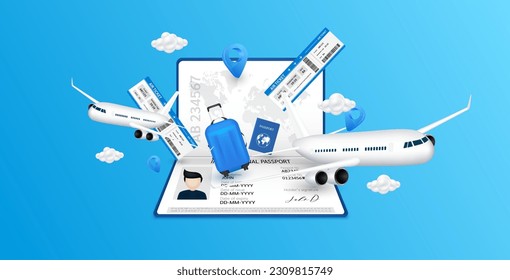 Airplane is taking off from passport. Luggage blue, air ticket and cloud float away. For media tourism advertising banner design. Holiday travel and Transport concept. 3D Vector EPS10.