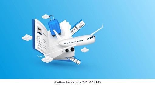 El avión está despegando del pasaporte. El equipaje azul, el billete de avión y la nube flotan. Para el diseño de banners publicitarios de turismo de medios. Concepto de viajes de vacaciones y transporte. EPS10 vectores 3D.