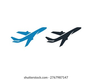Airplane taking off, representing speed and flight, blue and dark color.