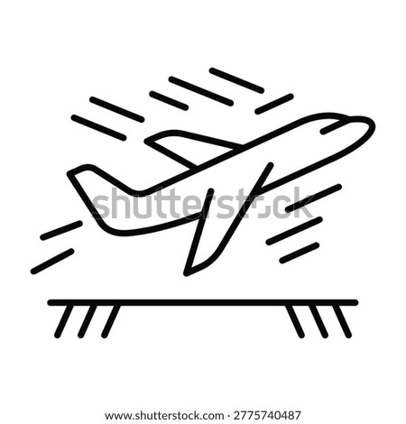 Airplane taking off from runway for air travel and departure icon with line art black and white background