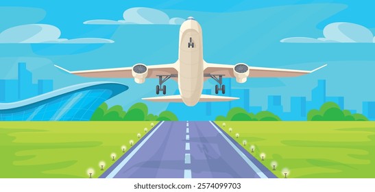 Airplane taking off runway. Aircraft take off or landing on runway strip, modern passenger plane commercial business flight departure journey tour airliner neat vector illustration original artwork