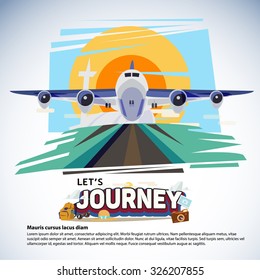 airplane is taking off runway. start travel and journey - vector illustration