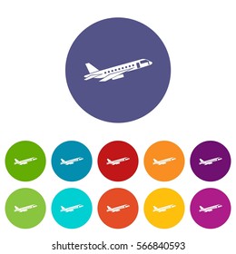 Airplane taking off set icons in different colors isolated on white background