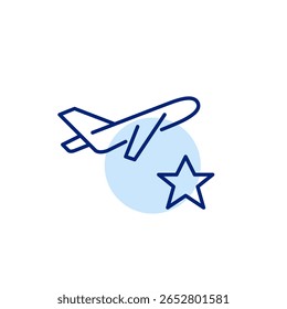 Avión despegando y comenzando. Servicio Premium, programas de fidelización de clientes. Icono de Vector de trazo perfecto y editable