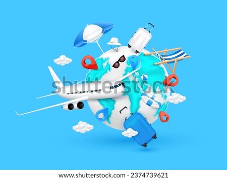 Airplane is taking off world map. Location pin, Deck chair umbrella and luggage bag rubber ring floating around. Travel transport concept. Template for making tourism. Vector.