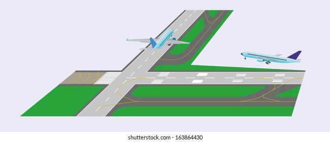 Airplane taxi on runway and airplane takeoff from runway. Perspective view. Vector illustration. Eps 10.