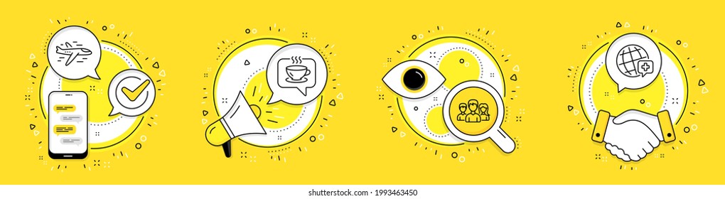 Airplane, Teamwork and Coffee line icons set. Cell phone, megaphone and deal vector icons. World medicine sign. Plane, Group of users, Cafe. Online medicine. Business set. Vector