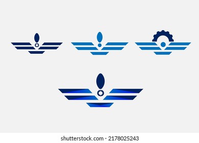 diseño mecánico técnico industrial mecánico del logotipo de la industria de la tecnología del avión consistente en alas del avión
