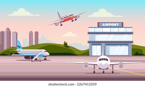 Airplane terminal interior concept. Tourist people characters waiting departure. Vector graphic design illustration