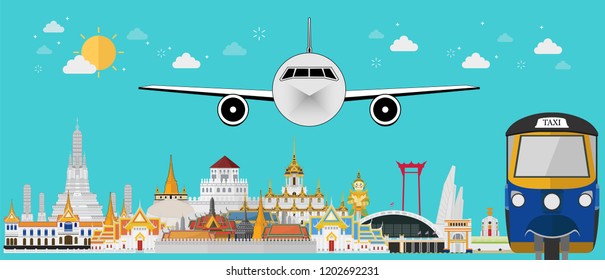 Airplane to Thailand landmarks global travel and journey. flat style