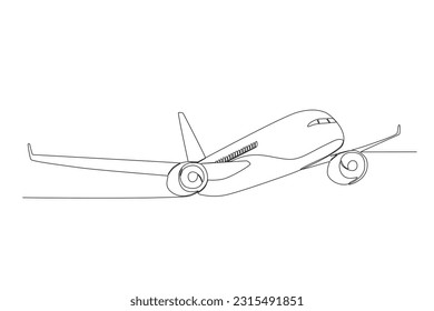 airplane that is flying Single continuous line big flying comerscial plane on sky graphic. Simple one line doodle for transport concept. Traveling and holyday vector illustration minimalist design 
