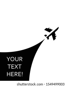 An airplane that goes up. Fly cloud sky. Black travel background takeoff with text and white background.