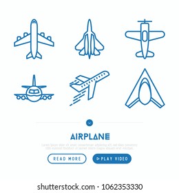 Airplane thin line icons set: agricultural aircraft, passenger's plane, military aviation. Top and side view. Modern vector illustration.