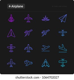 Airplane thin line icons set: agricultural aircraft, passenger's plane, military aviation, paper plane. Top, side, front views. Modern vector illustration for black theme.