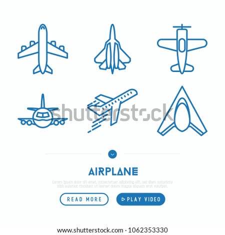 Airplane thin line icons set: agricultural aircraft, passenger's plane, military aviation. Top and side view. Modern vector illustration.