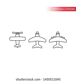 Airplane thin line vector icon set. Airplane, jet plane, retro fin plane outline set.