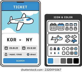 Airplane ticket app screen. Travel Illustration and icons