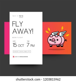 Airplane Ticket App for For Smart Phone with Cute Flying Pig Card Vector Illustration