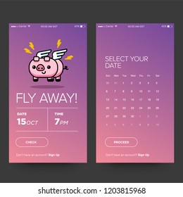 Airplane Ticket App for For Smart Phone with Cute Flying Pig Card Vector Illustration