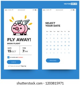 Airplane Ticket App for For Smart Phone with Cute Flying Pig Card Vector Illustration