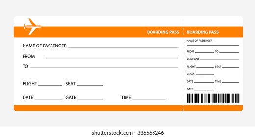 Airplane ticket blank space. orange boarding pass coupon isolated on white background. Detailed blank of plane ticket. Vector illustration