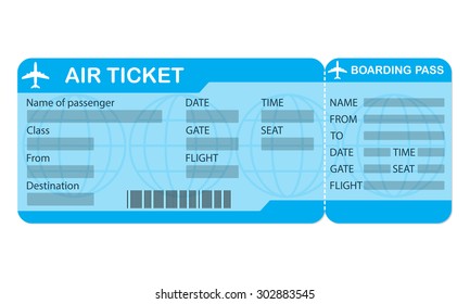 Airplane ticket. Blue boarding pass coupon isolated on white background. Detailed blank of plane ticket. Vector illustration. 