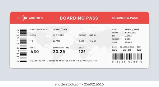 Airplane Ticket Boarding Pass Template with Sample Text. Air Travel or Trip Concept. Vector Illustration.