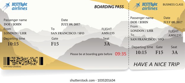 Airplane ticket boarding pass. Yellow flight coupon isolated on white background. Vector illustration