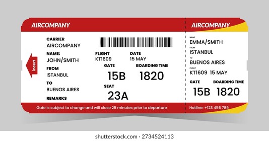 Flugticketkonzept Ticketvorlage für die Bordkarte im Retro-Stil. Bordkarte mit Fluggastdaten und Barcode. Vektorgrafik einzeln