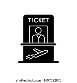 Airplane Ticket Counter Flat Design Long Shadow Glyph Icon. Get Boarding Pass At Registration Counter. Check In For Flight Abroad. Silhouette Symbol On White Space. Vector Isolated Illustration