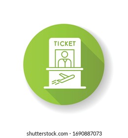 Airplane Ticket Counter Green Flat Design Long Shadow Glyph Icon. Get Boarding Pass At Registration Counter. Check In For Flight. Kiosk With Personnel At Aircraft. Silhouette RGB Color Illustration