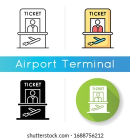 Airplane Ticket Counter Icon. Get Boarding Pass At Registration Counter. Check In For Flight Abroad. Trip Departure Checkout. Linear Black And RGB Color Styles. Isolated Vector Illustrations