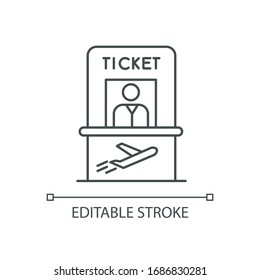 Airplane Ticket Counter Pixel Perfect Linear Icon. Get Boarding Pass At Registration Counter. Thin Line Customizable Illustration. Contour Symbol. Vector Isolated Outline Drawing. Editable Stroke