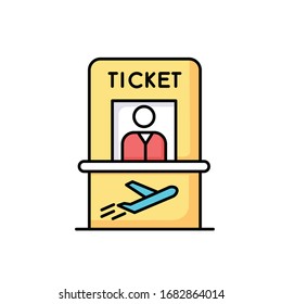 Airplane Ticket Counter RGB Color Icon. Get Boarding Pass At Registration Counter. Check In For Flight Abroad. Trip Departure Checkout. Kiosk With Personnel At Aircraft. Isolated Vector Illustration