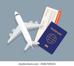 Airplane ticket flight details and travel with model airplane. Cartography and geography. Aircrfat lat style. Journey or vacation, business trip. Vector illustration