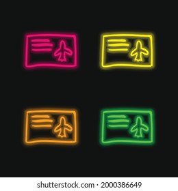Icono de vector de neón brillante de cuatro colores de papel de tracción de mano del avión