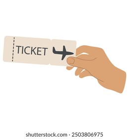 Airplane ticket in hand, isolated illustration on white background, airplane sign on the ticket