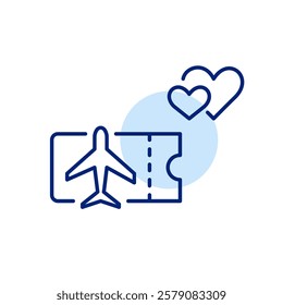 Airplane ticket and hearts. Romantic holiday, vacation travel. Honeymoon and anniversary. Pixel perfect, editable stroke icon