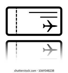 airplane ticket icon. Black icon with mirror reflection on white