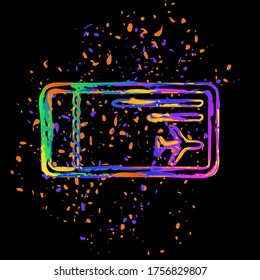airplane ticket icon. Colored ink with splashes on black background