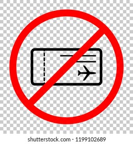 airplane ticket icon. Not allowed, black object in red warning sign with transparent background