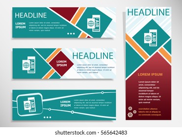 Airplane ticket icon on horizontal and vertical banner. Modern abstract flyer, banner, brochure design template. 