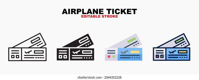 Juego de iconos de tickets de avión con estilos diferentes. Iconos diseñados en color relleno, contorno, plano, glifo y línea. Actrazo editable y píxel perfecto. Se puede usar para web, móvil, ui y más.