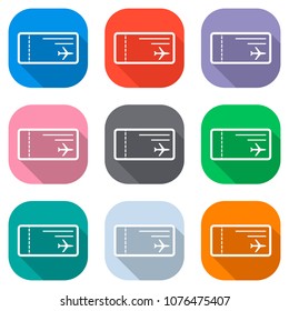 airplane ticket icon. Set of white icons on colored squares for 
