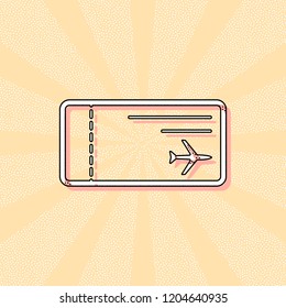 airplane ticket icon. Vintage retro typography with offset printing effect. Dots poster with comics pop art background
