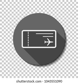 airplane ticket icon. White flat icon with long shadow in circle on transparent background