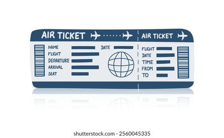 Airplane ticket isolated on white background. Travel, vacation, business trip concept. Vector clipart hand drawn illustration.