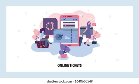 Airplane ticket online booking concept. Women book flight using mobile phone. Buy and keep ticket online. Vector web site design template. Landing page website illustration