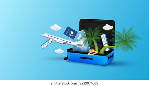 Airplane, ticket passport is float away from luggage blue with cloud. Coconut tree and map side inside. For making advertising media tourism. Travel transport concept. 3D Vector.